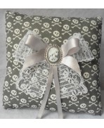 Grey White Skulls Wedding Rings Pillow - Grey, Gothic, Rock, Rockabilly, Wedding