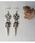 Occult Pentacle Raven Skull Earrings, Crow, Evil, Witch, Nevermore, Edgar Allan Poe, Goth, Wicca, Pagan, Witchcraft