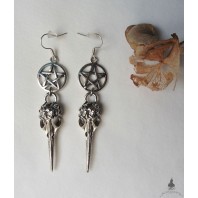 Occult Pentacle Raven Skull Earrings, Crow, Evil, Witch, Nevermore, Edgar Allan Poe, Goth, Wicca, Pagan, Witchcraft