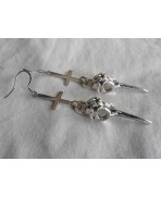 Boucles d'oreilles Antéchrist, Raven Skull Croix inversée, Crow, Corbeau, Gothique, Occulte, Satanique, Nevermore, Sorcière