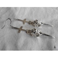 Boucles d'oreilles Antéchrist, Raven Skull Croix inversée, Crow, Corbeau, Gothique, Occulte, Satanique, Nevermore, Sorcière