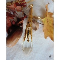 Snow Ice Pendulum Golden Necklace, Crystal point, Magic Wicca, Elven wedding, Pagan, Fairy