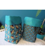 Set of 2 Baskets Textile basket Storage Bag Wax fabric Art Deco Blue Mustard Palm Palmette