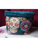 Blue Teal Calavera Mexican folk Skull Textile Basket Storage Bag, Dias de muertos