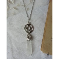 Belisama Collier Pendule Déesse Cristal Quartz & Pentacle, Lune, Wicca, Dark Academia, Lithothérapie