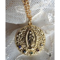 Guadalupe Collier Médaille religieuse Vierge dorée zirconia plaqué or, Bohème, Gipsy, Marie, Cadeau catholique, Sainte, Chrétien