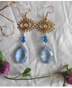 OOAK Golden Rococo Eye Earrings Vintage Blue Drops, Baroque, Talisman, Evil Eye, Gipsy, Greek Eye, Horus