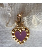 PLUM Purple Sacred Heart enamelled Ex-voto Gold Necklace, flamed heart, Milagro, Gothic, Gipsy, Religious, Mourning, Victorian