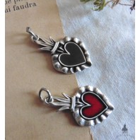 BLACK Sacred Heart enamelled Ex-voto Necklace, Memento mori, Mexico, flamed heart, Milagro, Bobo, Gothic, witch, Mourning 