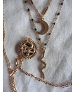 Theda Bara Snake Medal Moon Triple Gold Necklace, Boho, Gypsy, Viking, Reptile, Tarot, Belly, Gothic Choker, Egypt