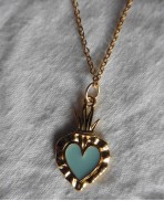 BLUE Sacred Heart enamelled Ex-voto Gold Necklace, flamed heart, Milagro, Bobo, Gothic, Gipsy, Religious, Mourning, Victorian