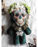 Poupée d'Art Vanité verte l'Entomologiste, Jour des morts, Memento mori, Crâne, Tête de mort, Squelette, Santeria, Santa Muerte