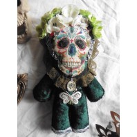 Poupée d'Art Vanité verte l'Entomologiste, Jour des morts, Memento mori, Crâne, Tête de mort, Squelette, Santeria, Santa Muerte