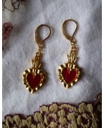 Ex-voto RED Flamed Sacred Heart gold-plated earrings, Milagro