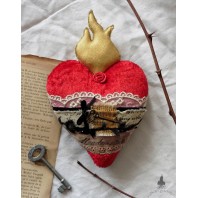 Scarlet Sacred Heart Ex-voto ornament, Flamed heart, Red and black, Milagro, Wall decor, textile art, Dark Academia