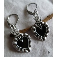 Ex-voto BLACK Flamed Sacred Heart earrings silver steel, Milagro