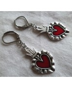 Ex-voto RED Flamed Sacred Heart earrings silver steel, Milagro