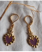 Boucles d'oreilles Ex-voto Sacré Coeur Flammé VIOLINE Violet Prune plaqué or, Milagro