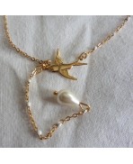 Saint Esprit Collier Oiseau en Y Perle goutte nacre or, Collier rosaire, Chapelet blanc, Dark Academia