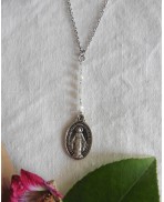 White Rosary Choker Saint Mary Our Lady Madonna Y necklace, boho, Gypsy, Religious medal, Cottagecore