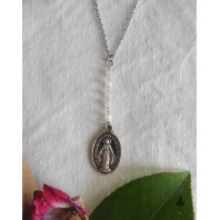 Collier Rosaire ras de cou en Y Choker Madone Sainte blanc, bohème, Vierge Marie, Santa Madonna