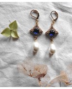 Pearl-drop Blue Queen Tudor Earrings, Hoop, Renaissance, medieval, Cottagecore, Dark Academia, Gothic, Victorian, historical