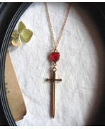 Red Heart and Sword Gold Necklace, Dagger, Gothic, Medieval, Knight, Dark Academia