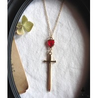 Red Heart and Sword Gold Necklace, Dagger, Gothic, Medieval, Knight, Dark Academia