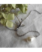 Holy Spirit Soaring Bird Pearl-drop Silver Lariat Y necklace, Gothic rosary, Dark Academia, vintage wedding