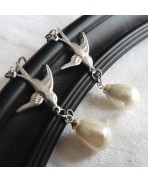 Holy Spirit Soaring Bird Pearl-drop Earrings Silver, Dark Academia, vintage wedding, Bird hoops, Mother-of-pearl, Coquette