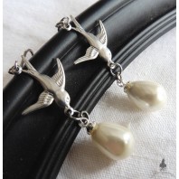 Holy Spirit Soaring Bird Pearl-drop Earrings Silver, Dark Academia, vintage wedding, Bird hoops, Mother-of-pearl, Coquette