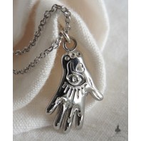 Silver Tarot Oracle Hand Eye Talisman Necklace, Ex-voto, Hamsa Necklace, Boho Necklace, Gipsy, Hand Necklace, Fatma