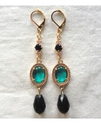 Shelley Victorian Gold Green Medallion & Black Drops earrings, Cottagecore, Dark Academia, Gothic, Renaissance, Regency