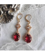 Boucles d'oreilles édouardiennes ovales Rouge Bordeaux or, Dormeuses rouges, Régence, Renaissance, victorien, Renfaire