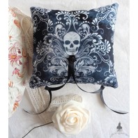 Coussin Porte Alliances Crâne Baroque noir blanc gris, Mariage Gothique, Tête de mort