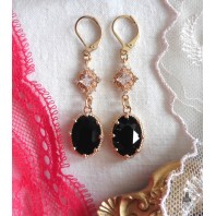 Boucles d'oreilles &eacute;douardiennes ovales Noir or, Dormeuses noires, R&eacute;gence, Renaissance, victorien, Renfaire