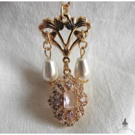 Collier Art Nouveau rose Perles gouttes or, Ann&eacute;es Folles, Marie-Antoinette