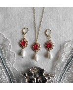 Parure Boucles d'oreilles Collier Rouge or, R&eacute;gence, Renaissance, victorien, Renfaire