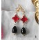 Arlequin Boucles d'oreilles Trèfle Cristal rouge et Perle goutte noir or, Baroque, Carnaval, Renaissance