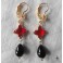 Arlequin Boucles d'oreilles Trèfle Cristal rouge et Perle goutte noir or, Baroque, Carnaval, Renaissance